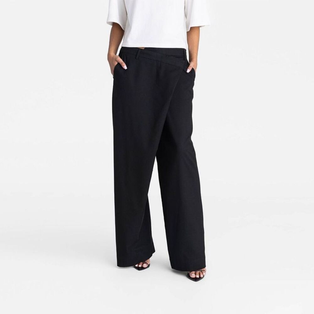 Wide-Leg Black Draped Front Women's Pants